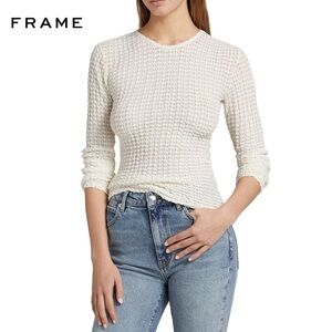 FRAME Denim The Popcorn Textured Stretch Long Sleeve Mesh Top S Alabaster Cream
